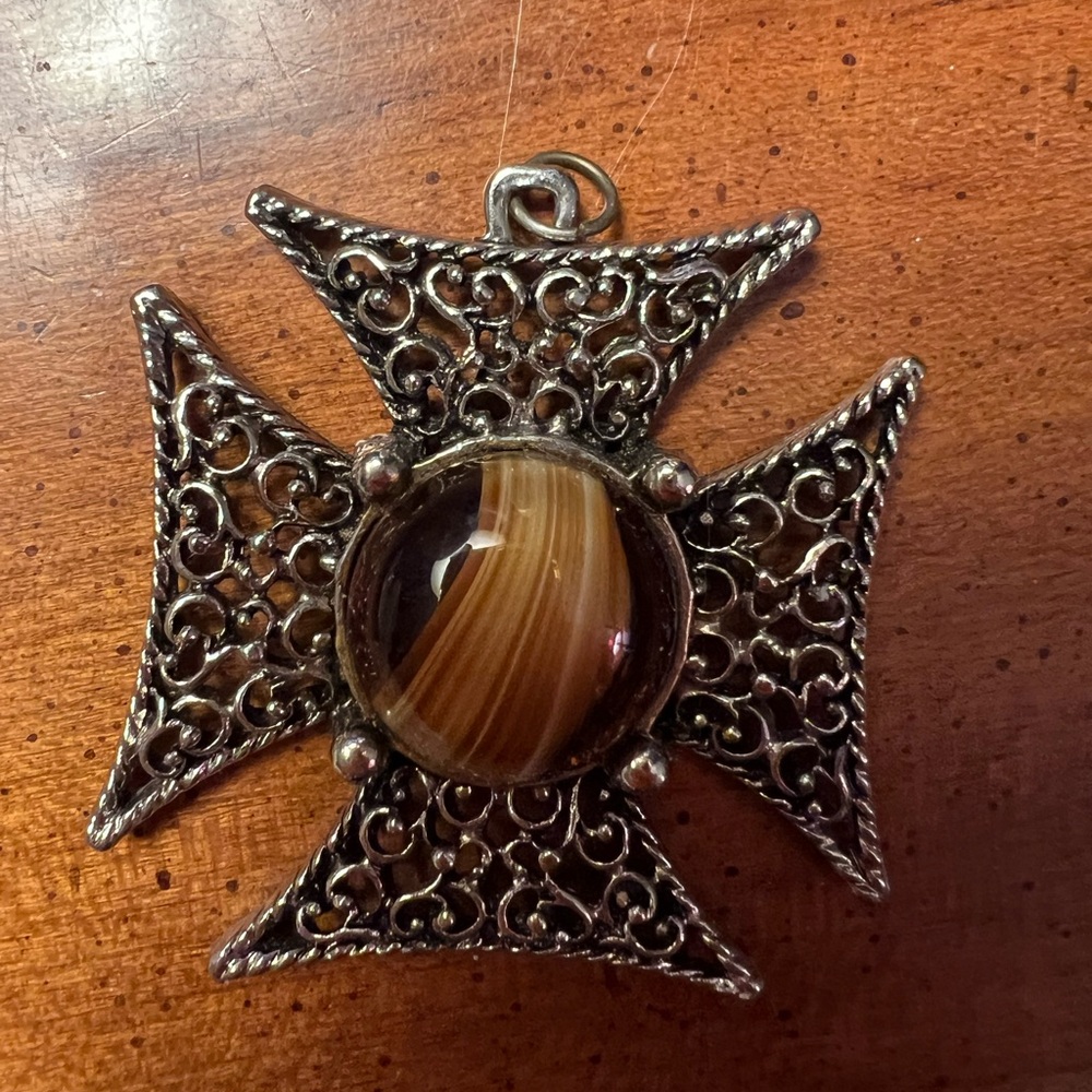 Silver, Tigers Eye Gemstone, Cross Pendant
